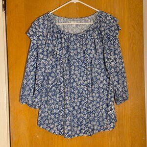 J Jill Pullover Top Womens XL Blue Floral Ruffled Neck Cotton Modal Boho Coastal